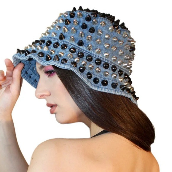 RARE Newhattan Mixed Metal Studs on Blue Denim Bucket Hat - Picture 8 of 10